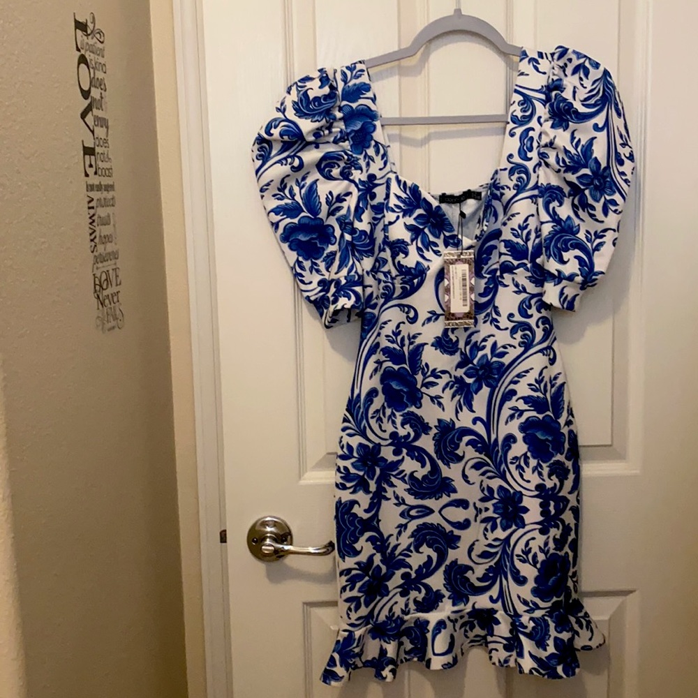 NWT Stunning Puff Sleeve Boohoo Size 6 Porcelain Blue and White Dress 💖